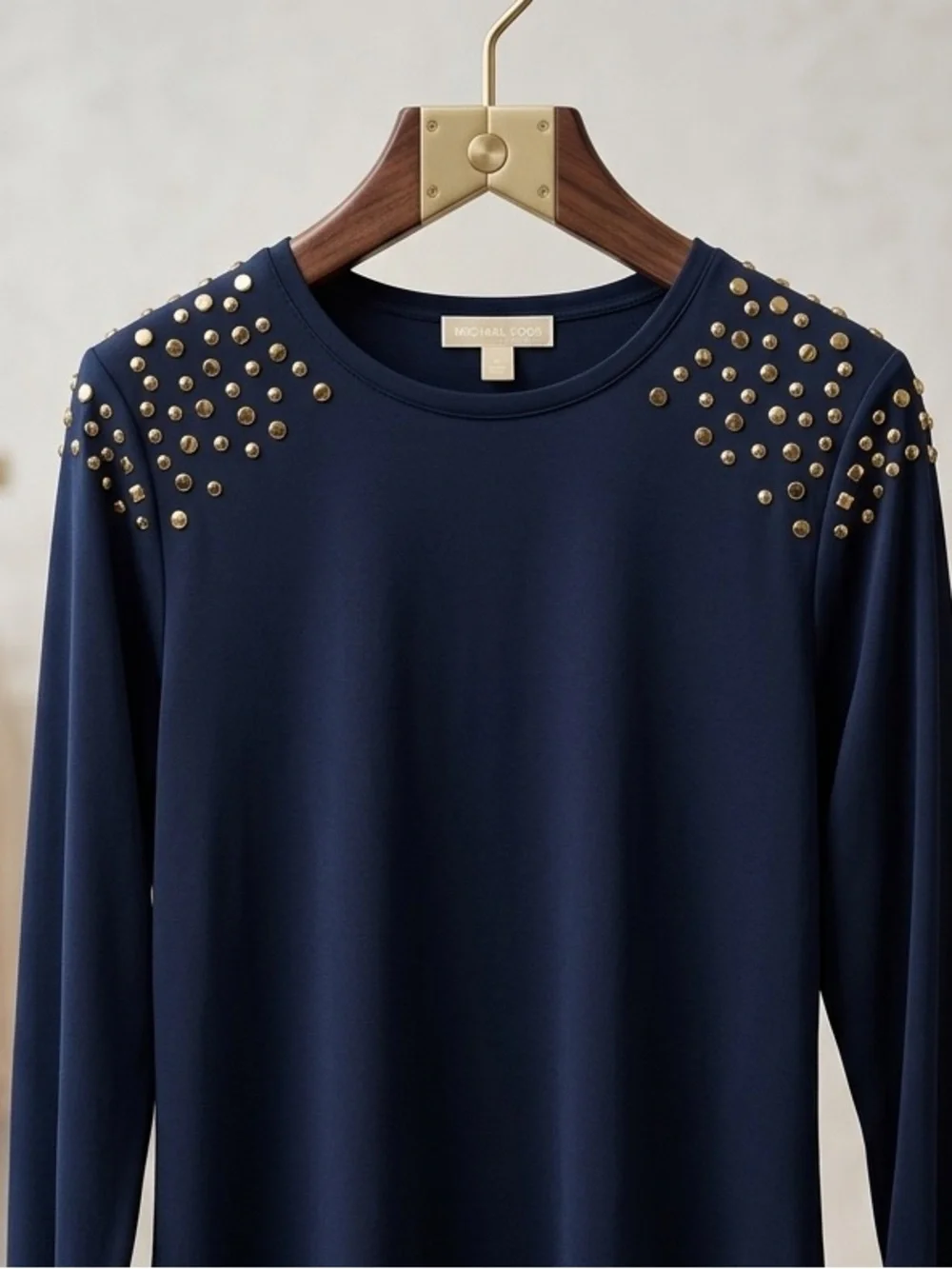 Michael Michael Kors Women's Navy Round Neck Studded Long Sleeve Blouse M
